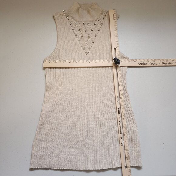 Carmen Marc Tank Top Womens Large Beige Mock Neck Ribbed Knit Rhinestone Chest - Picture 7 of 8